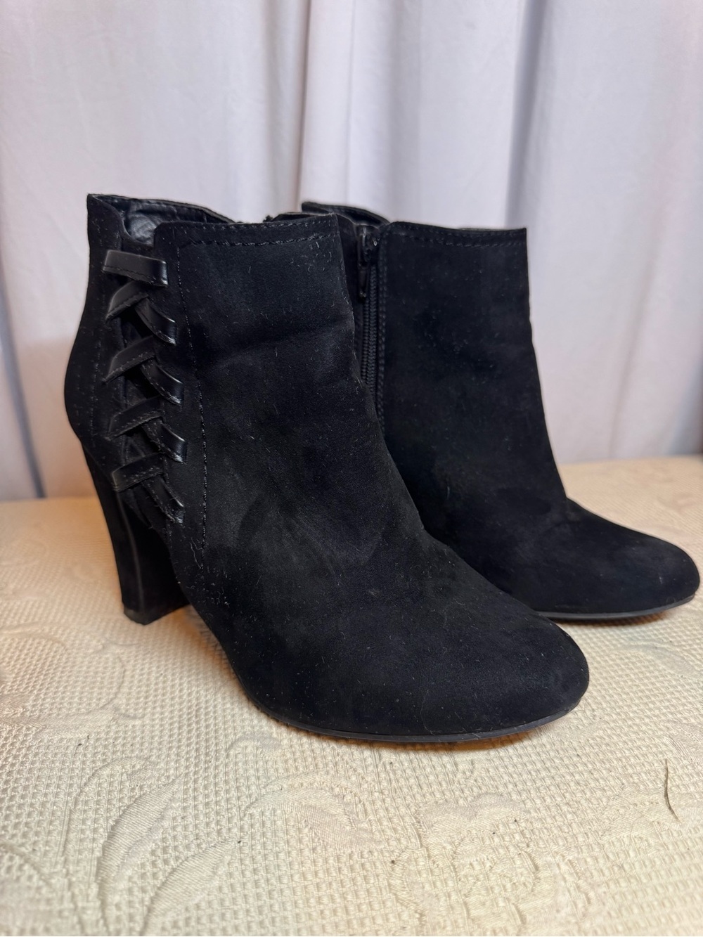 Fergalicious Black Suede Ankle Booties with Side Lace Detail